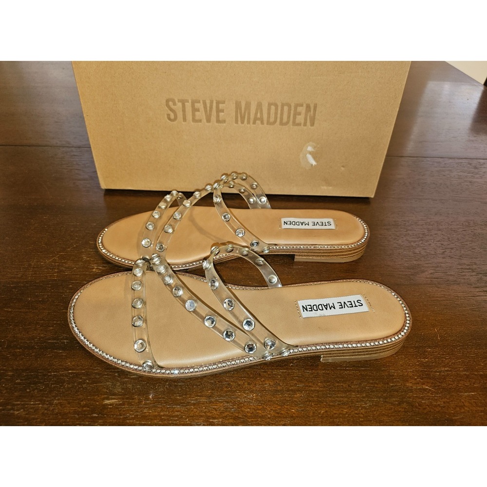 STEVE MADDEN Women Beige Slide Clear Diamond Strap Sandal Size 7.5 New in box - Picture 4 of 10